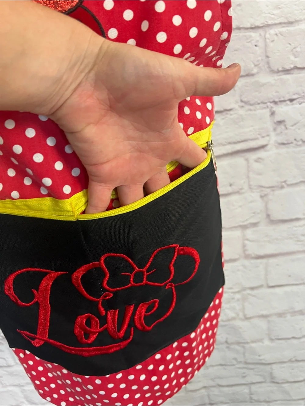 Handmade Red Polka Dot Mickey & Minnie Apron with Black 'Love' Pocket
